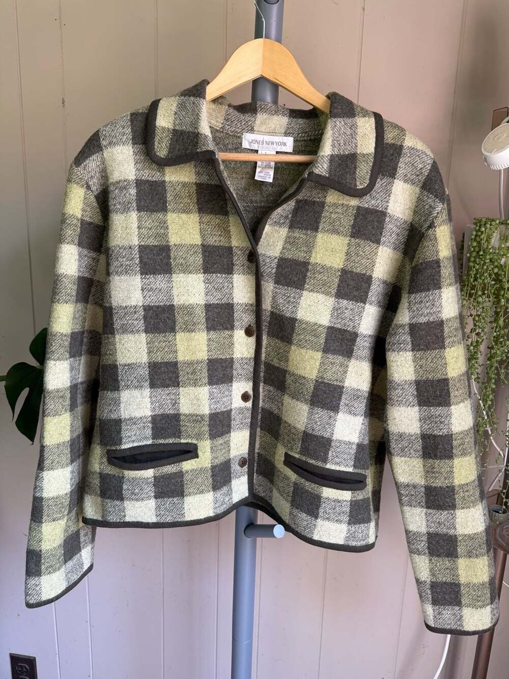 Jones NewYork 100% Merino Wool Plaid Button Up Jacket Women's Size L Green Brown